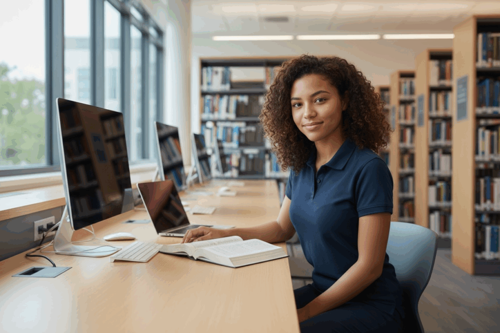 Young girl studying at a desk with books open.