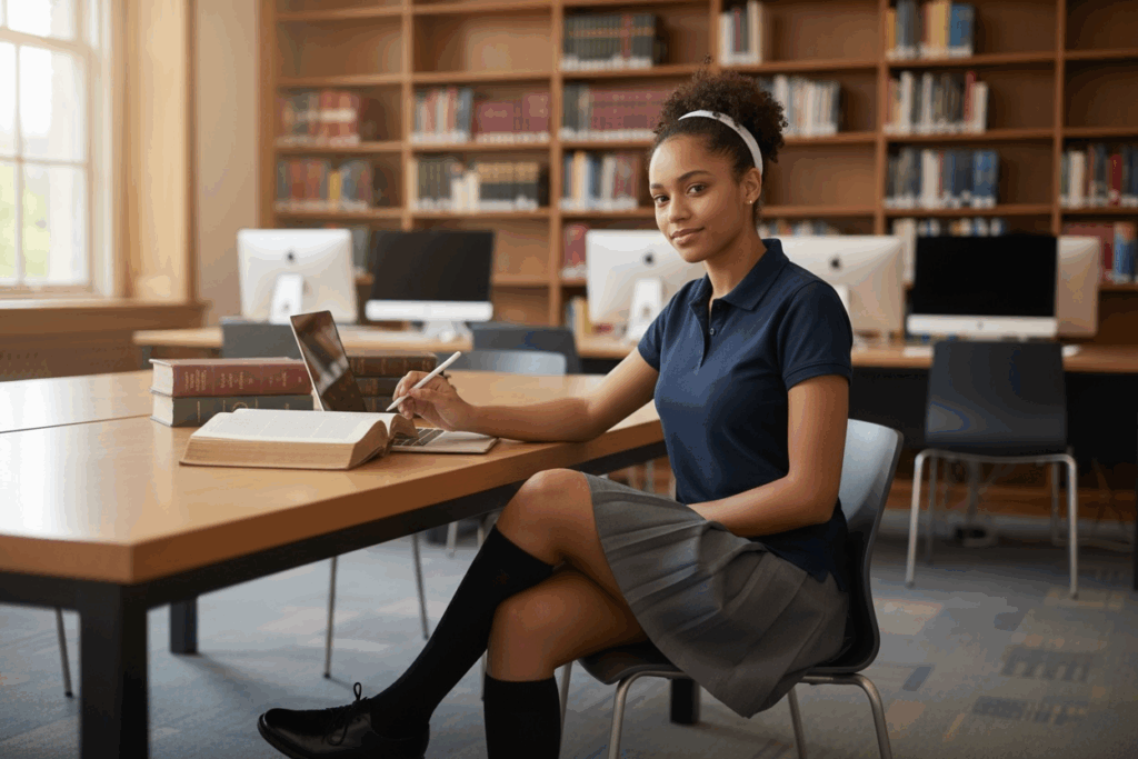 girl organizing her study materials on a table